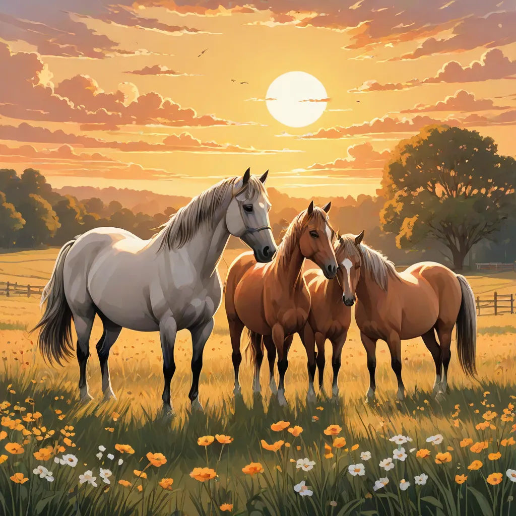 a painting of three horses standing in a field at sunset with the sun setting behind them and the clouds, Brothers Hildebrandt, american scene painting, a detailed matte painting, beautiful landscape