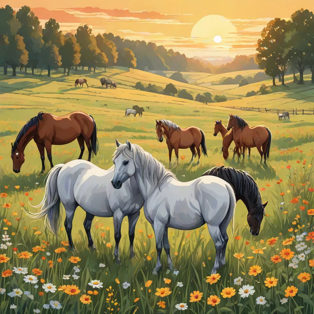 a painting of horses in a field of flowers at sunset with a sunset in the background and a field of wildflowers, Christophe Vacher, american scene painting, a detailed matte painting, beautiful landscape
