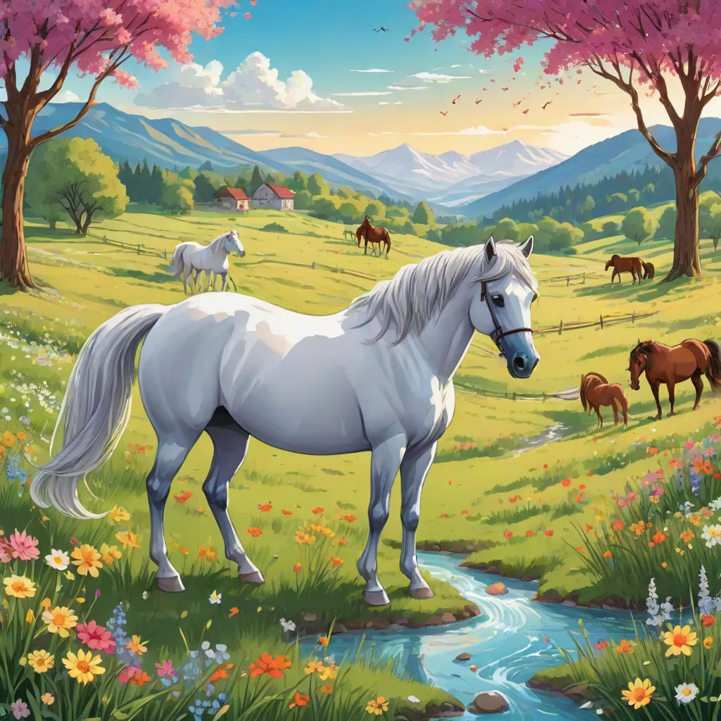 a painting of a white horse standing in a field with horses in the background and a stream running through the grass, Chris LaBrooy, american scene painting, a detailed matte painting, highly detailed digital painting