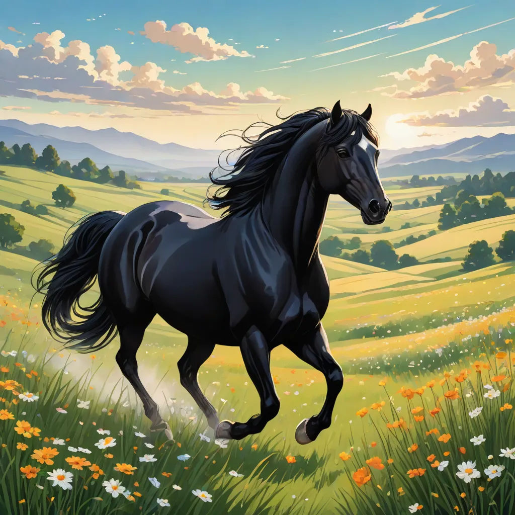 a horse running through a field of flowers with a sky background and clouds in the background, with a sun setting behind it, Chris LaBrooy, american scene painting, a comic book panel, official art