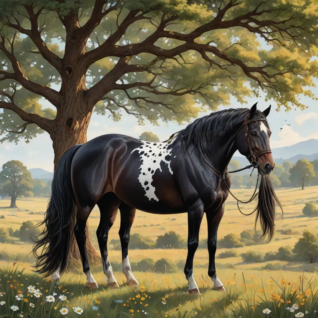 a painting of a horse standing in a field with a tree in the background and a field of flowers, Chris LaBrooy, american scene painting, an airbrush painting, highly detailed digital painting