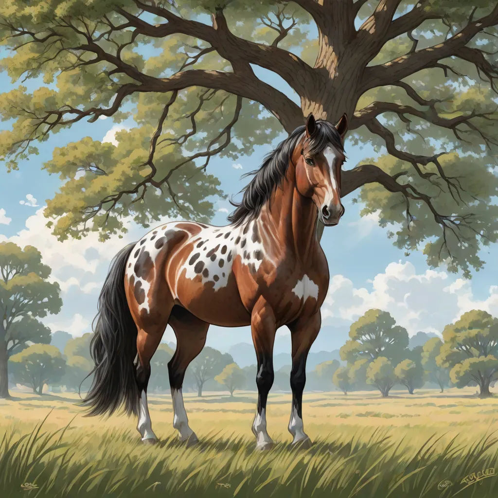 a horse standing in a field next to a tree with a sky background and clouds in the background,, Chris LaBrooy, american scene painting, an airbrush painting, highly detailed digital painting