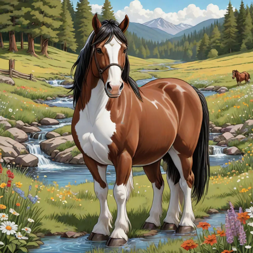 a horse standing in a field next to a stream of water and flowers with mountains in the background and a stream running through the grass, Chris LaBrooy, american scene painting, computer graphics, highly detailed digital painting
