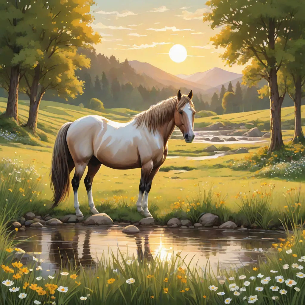 a horse standing on a rock near a river and a forest with flowers and trees, with a sunset in the background, Anne Stokes, american scene painting, a fine art painting, beautiful landscape