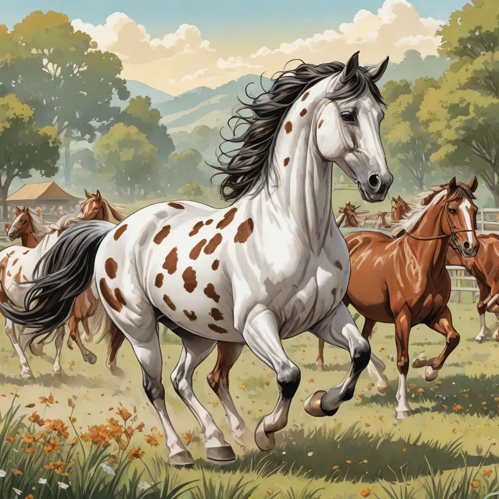 a painting of a horse running in a field with other horses in the background and a sky with clouds, Chris LaBrooy, american scene painting, an ultrafine detailed painting, western comic book art