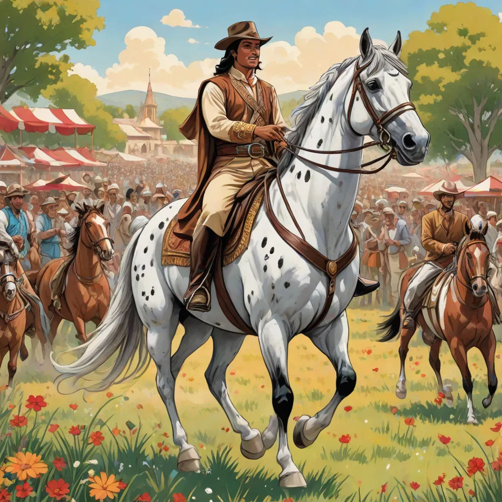 a painting of a man riding a horse in a field with other men on horseback in the background and a crowd of people in the background, Alson S. Clark, american scene painting, a storybook illustration, western comic book art