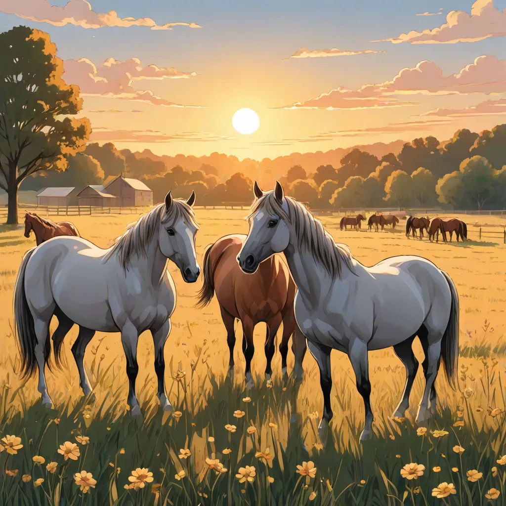 a painting of horses in a field with a sunset in the background and a few horses in the foreground, Brothers Hildebrandt, american scene painting, a detailed matte painting, beautiful landscape
