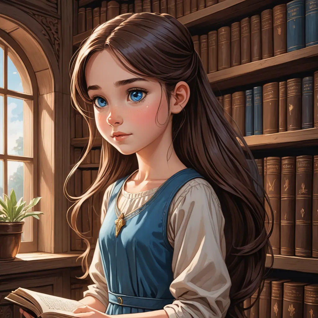 a girl is reading a book in a library with a window behind her and a potted plant in the corner, fantasy art, a storybook illustration, Clarice Beckett, storybook illustration