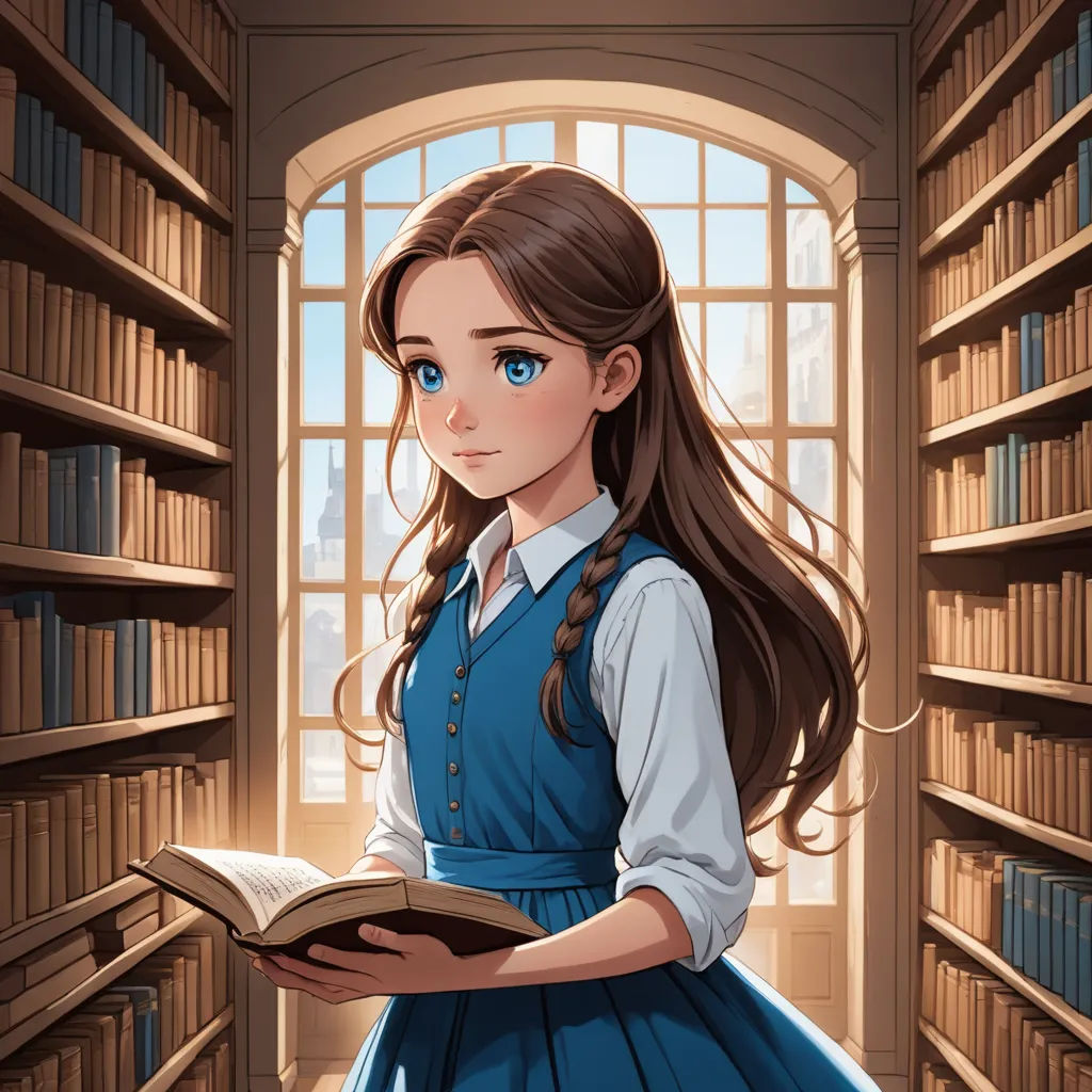 a girl in a blue dress is reading a book in a library with bookshelves behind her and a window, fantasy art, a storybook illustration, Clarice Beckett, storybook illustration