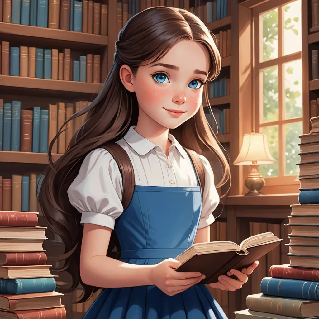 a girl in a blue dress is reading a book in a library with bookshelves and a lamp, fantasy art, a storybook illustration, Clarice Beckett, rossdraws global illumination