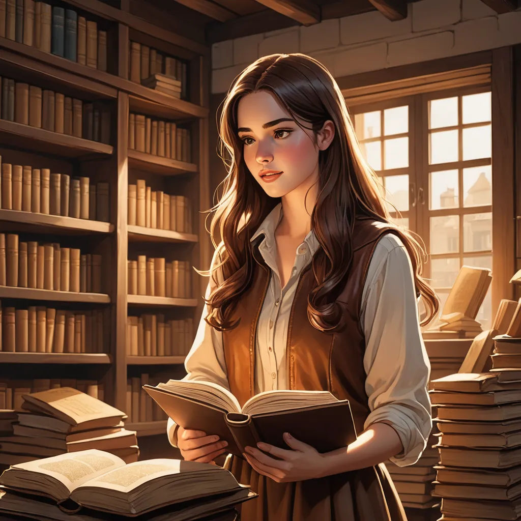 a woman standing in a library holding a book and looking at the camera with a lot of books on the shelves, fantasy art, a storybook illustration, Charlie Bowater, rossdraws global illumination
