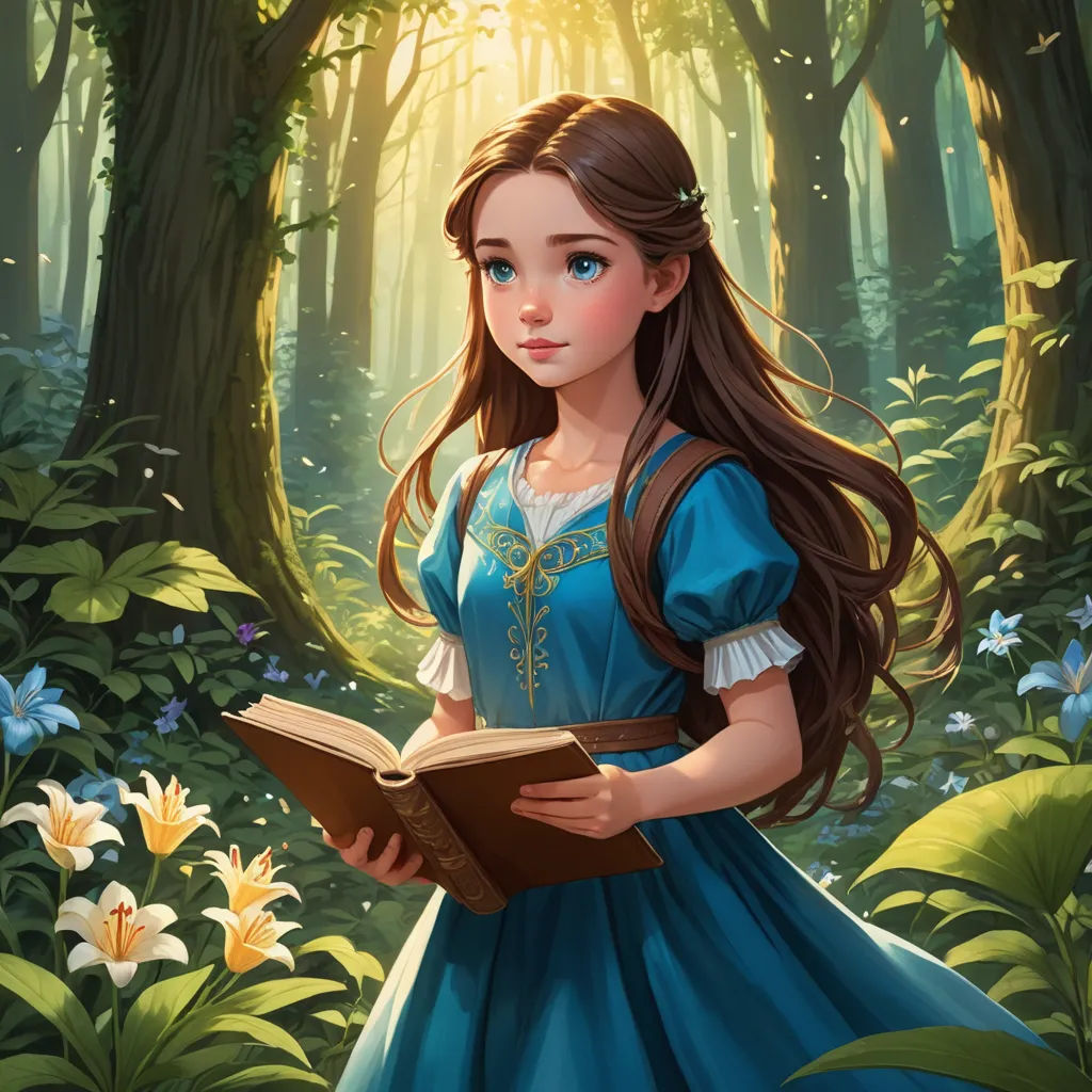 a girl in a blue dress is reading a book in a forest with flowers and trees around her,, fantasy art, a storybook illustration, Arthur Hughes, storybook illustration