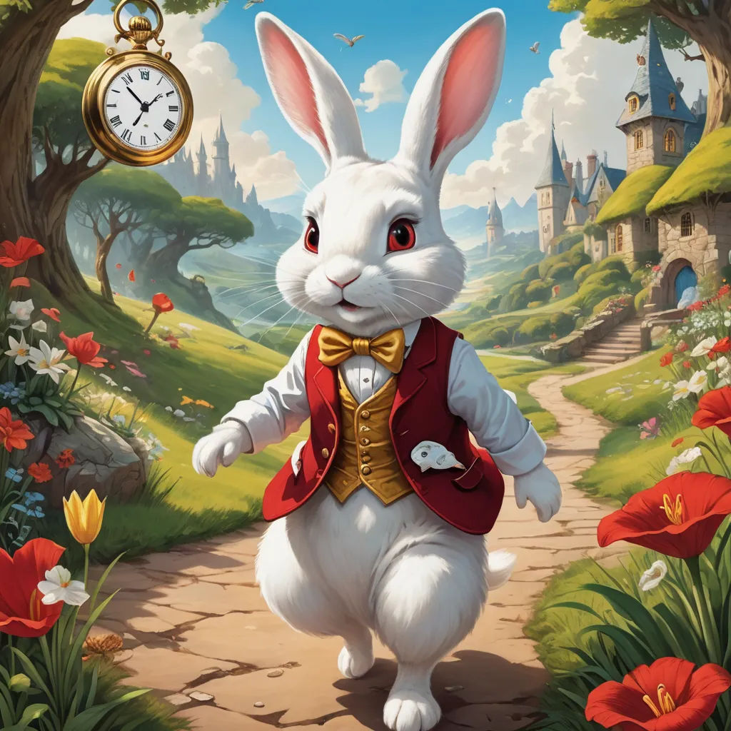 a white rabbit in a red vest and a clock in a forest with flowers and trees, and a path leading to a castle, fantasy art, a storybook illustration, Chris LaBrooy, magic the gathering artwork