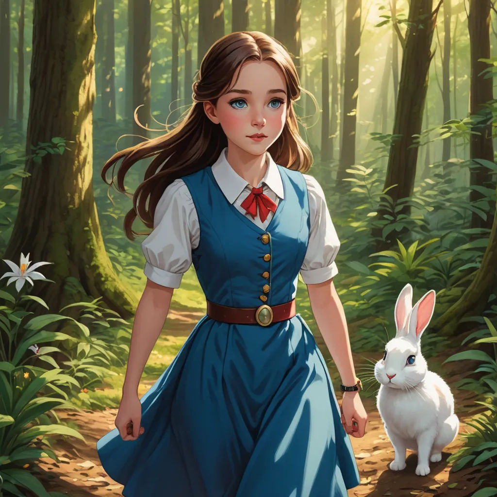 a painting of a girl in a blue dress and a white rabbit in a forest with trees and grass, fantasy art, a character portrait, Alice Prin, rossdraws global illumination