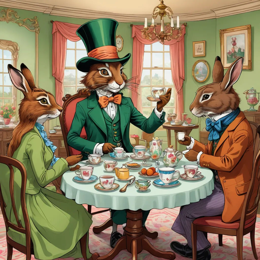 a rabbit and two rabbits are sitting at a table with tea and a man in a green suit and top hat, pop surrealism, a storybook illustration, Chris LaBrooy, furaffinity