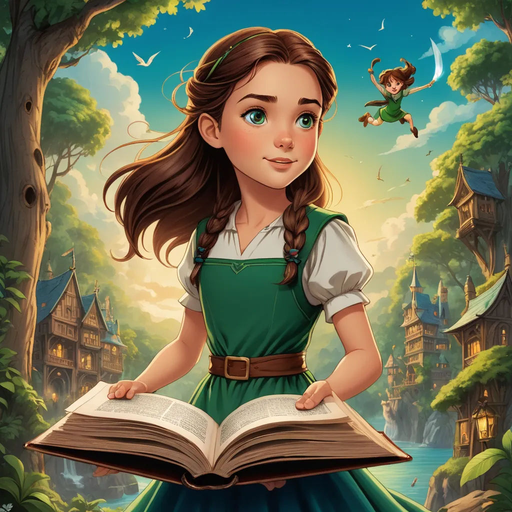 a girl in a green dress holding a book in front of a forest with a fairy on it and a flying bird, fantasy art, a storybook illustration, Alice Prin, storybook illustration