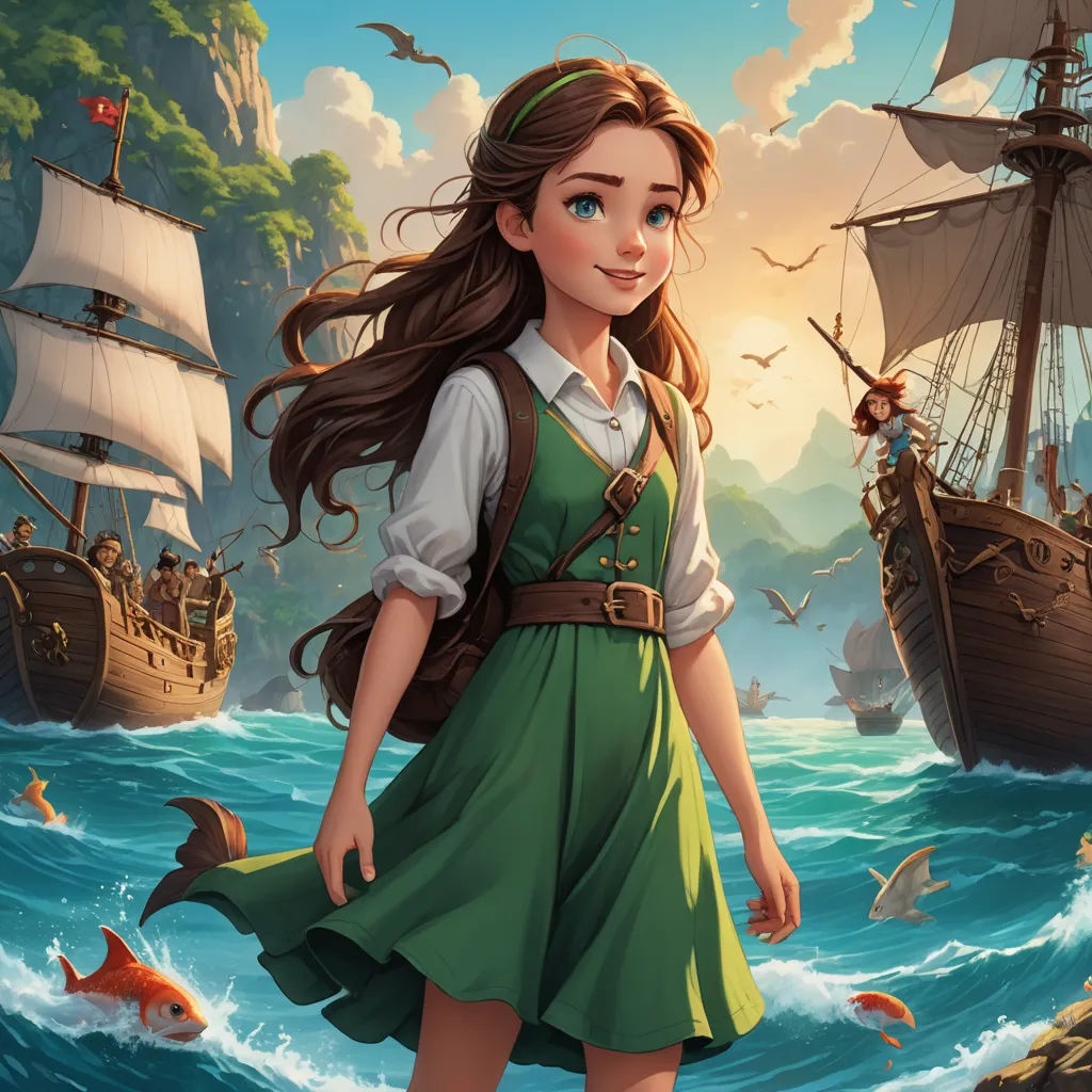 a girl in a green dress standing in front of a ship in the ocean with a fish in her hand, fantasy art, a storybook illustration, Cyril Rolando, rossdraws global illumination