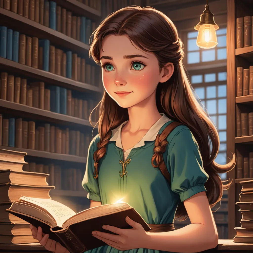 a girl reading a book in a library with a lamp on her head and bookshelves in the background, fantasy art, a storybook illustration, Clarice Beckett, rossdraws global illumination