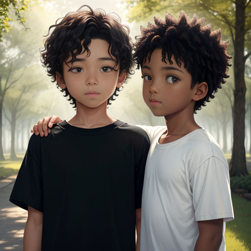 two children standing next to each other in a park with trees and grass in the background, one of them is wearing a black shirt