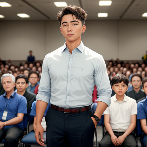 a man standing in front of a group of people in a room with a blue chair and a white shirt