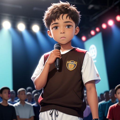 a boy holding a microphone in front of a crowd of people in a theater setting with a microphone in his hand