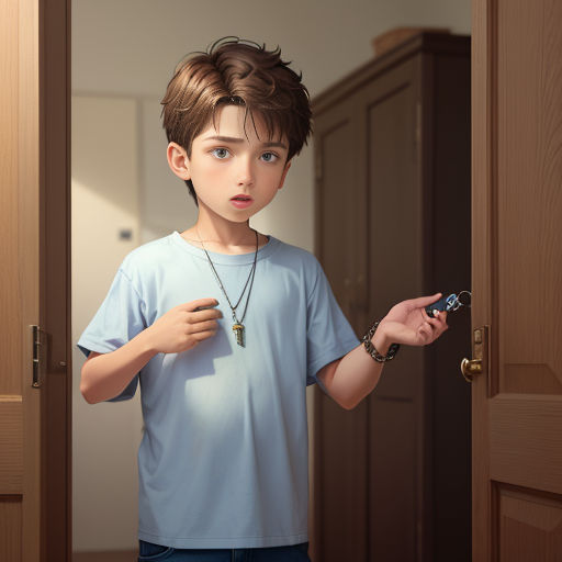 a boy is holding a toy in his hand and looking at the camera while standing in a doorway with a necklace on