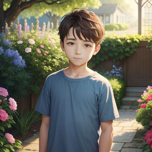 a boy standing in front of a garden with flowers and a house in the background with a fence and flowers