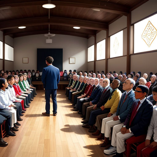 a man standing in front of a crowd of people in a room with a speaker on the side of the room