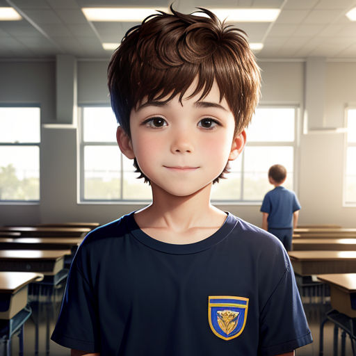 a boy in a classroom with a school uniform on and a boy in the background with a blue shirt