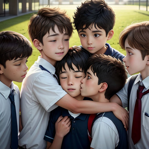 a group of young boys hugging each other in a group on a field of grass with a building in the background