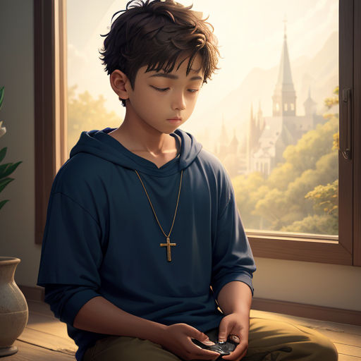 a boy sitting on a floor looking at a cell phone in front of a window with a view of a castle