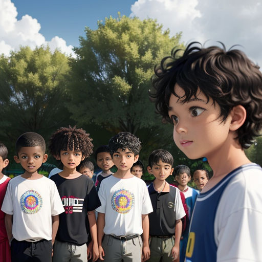 a group of children standing in front of a group of trees and bushes, all wearing t - shirts