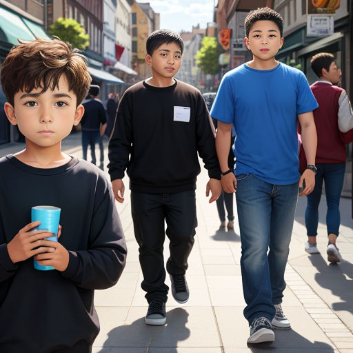 a group of young men walking down a street next to each other on a sidewalk with a blue cup