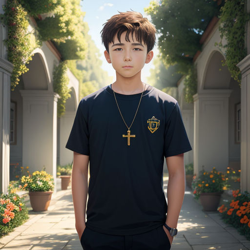 a boy in a black shirt and a cross necklace standing in a garden with flowers and a building in the background