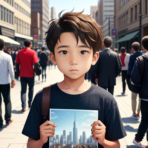 a young boy holding a picture of a city in the middle of a busy street with people walking around