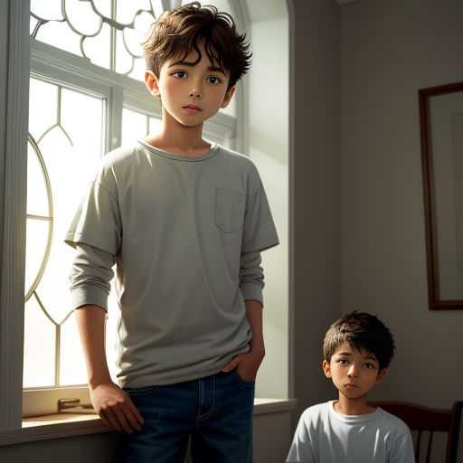 a boy and a boy standing in front of a window with a stained glass window behind them and a boy standing next to him