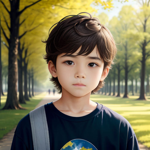 a young boy with a backpack on a path in a park with trees and grass in the background and a yellow sky