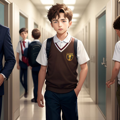 a boy in a school uniform is walking down a hallway with other boys in suits and ties behind him