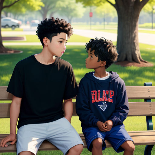 two boys sitting on a bench in a park, one of them is talking to the other boy's head