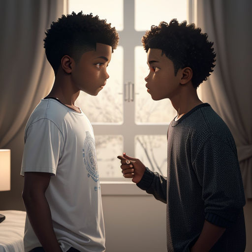 two young boys standing next to each other in a bedroom with a window behind them and a lamp on the side of the bed