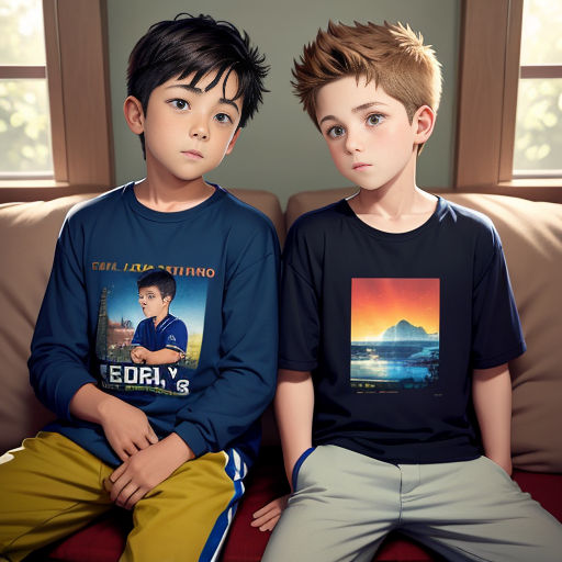 two boys sitting on a couch with their shirts on and one boy with his head turned to the side