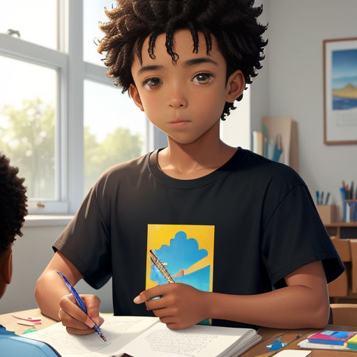 a boy is sitting at a desk writing on a book and another boy is looking at him with a pen