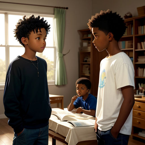 a group of young boys standing next to each other in a living room next to a window with a bookcase