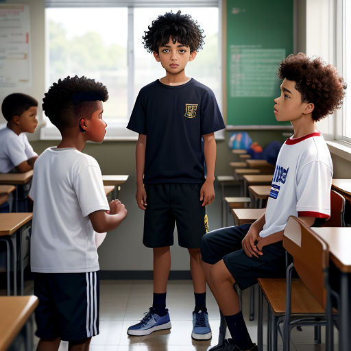a group of young children standing in a classroom together in front of a window with a chalkboard behind them