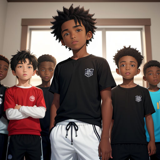 a group of young boys standing next to each other in a room with a window in the background and a boy with his arms crossed