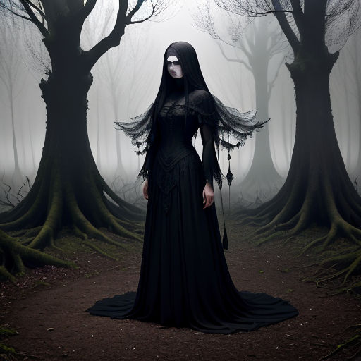 a woman in a black dress standing in a forest with trees and fog in the background, with a veil on her head