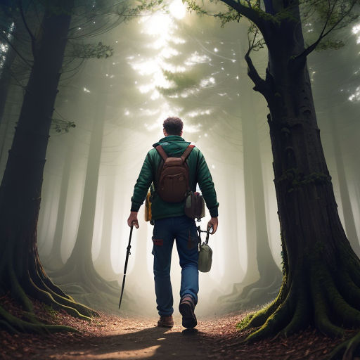 a man with a backpack and walking stick in a forest with trees and fog on the ground, with the sun shining through the trees