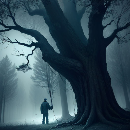 a man standing in the middle of a forest with a tree in the background and fog in the air