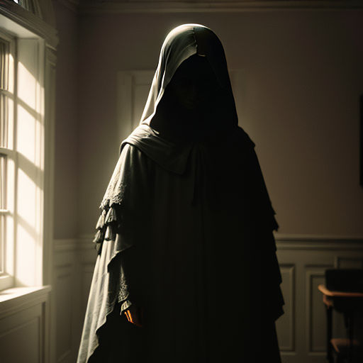 a woman in a dark robe standing in a room with a window and a chair in the background,