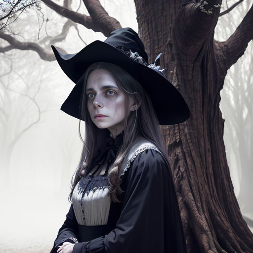 a woman dressed in a costume and hat standing in front of a tree in a foggy forest with a large black hat